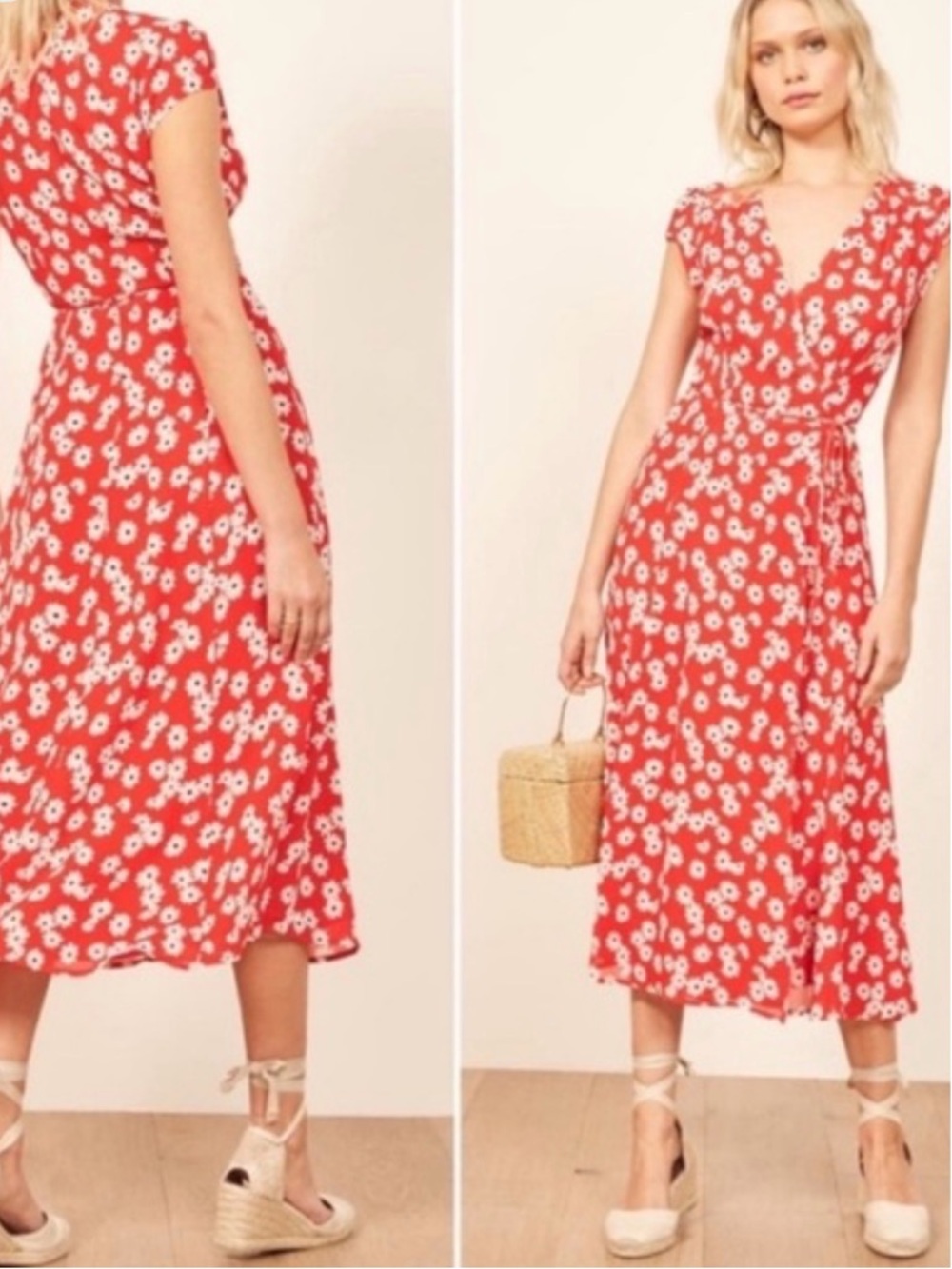 Reformation Red Oopsie Daisy Floral Carina Georgette Wrap Midi Dress Size L - Picture 6 of 13